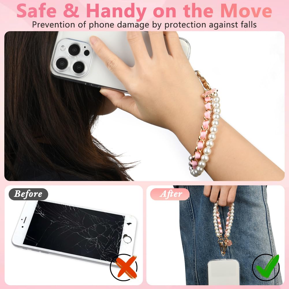 OFFCUP Dragonne de Téléphone, Perle Chaîne Téléphone Portable Charme, Anti-Perte Longe en Cuir Métallique avec Fleur, Bracelet Telephone 2 Patchs Arrière