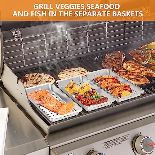 onlyfire Grillkorb Set, Grillpfännchen für Gasgrill, Enthält 3 Edelstahl Grillkörbe mit Löchern, 1 Serviertablett und Hebegriff, BBQ Grillschalen, Gemüsekorb, Gemüse für Gemüse, Fleisch, Brot