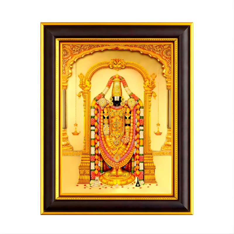 Image of Paramporul Gallery Tirupati Balaji Perumal Srinivasa Gold Foil Photo Frame for Pooja Room, Hindu God Wall Decor, Ready to Hang, 10x14 Inch