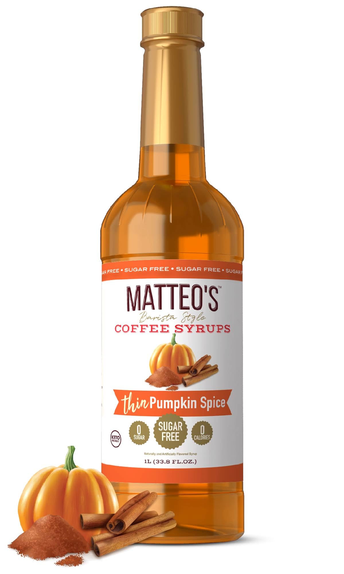 Matteo's Barista Style Sugar-Free Coffee Syrup, Pumpkin Spice Flavor, Zero Calories and Sugar, Keto Friendly, Ideal for Lattes, Cappuccinos, Espresso, Americano, Indulgent Taste 33.8 Oz, 1-Pack