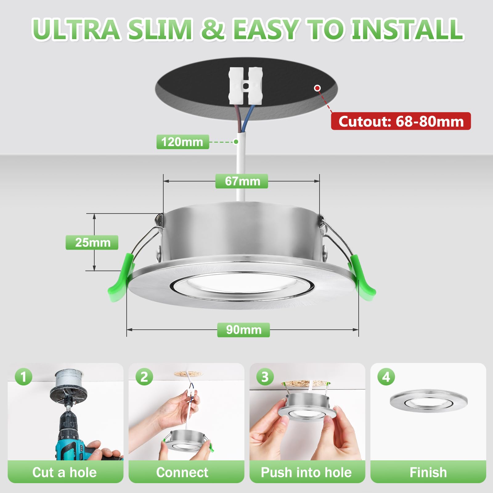 YindaLux Faretti da incasso 230V 5W Dimmerabile 2700K 4000K 6000K, Girevole a 45°, GU10 Faretti led soffitto Nichel, Diametro Foro Ø68-80mm, IP44 Faretto led da incasso per cartongesso, Set di 6