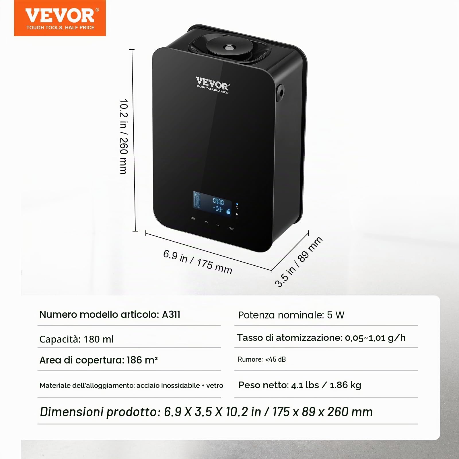 VEVOR Diffusore di Profumo HVAC, Macchina profumata Intelligente per la casa, 180ML Diffusore di Oli Essenziali Senza Acqua, Copertura 2000 Piedi Quadrati Soggiorno, Ufficio, Spa, Hotel