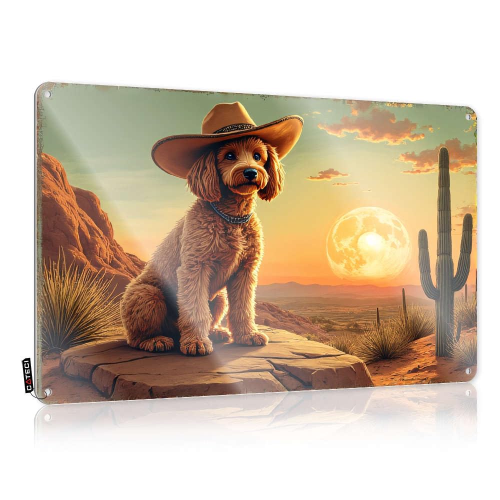 Sujd Colour A Dog In A Cowboy Hat Sits On A Rock With A Desert Landscape And A Large Moon Painting Sweet - Tin Metal Decor Private Vintage Wall Art(30X40cm)