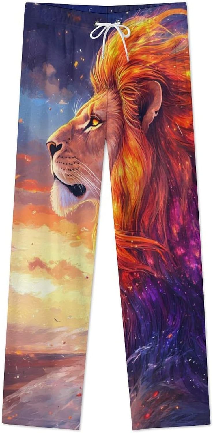 Male Lion Sunset Women's Pajama Pants Flannel Lounge Bottoms with Pockets Comfy Wide Leg Sleep Pant