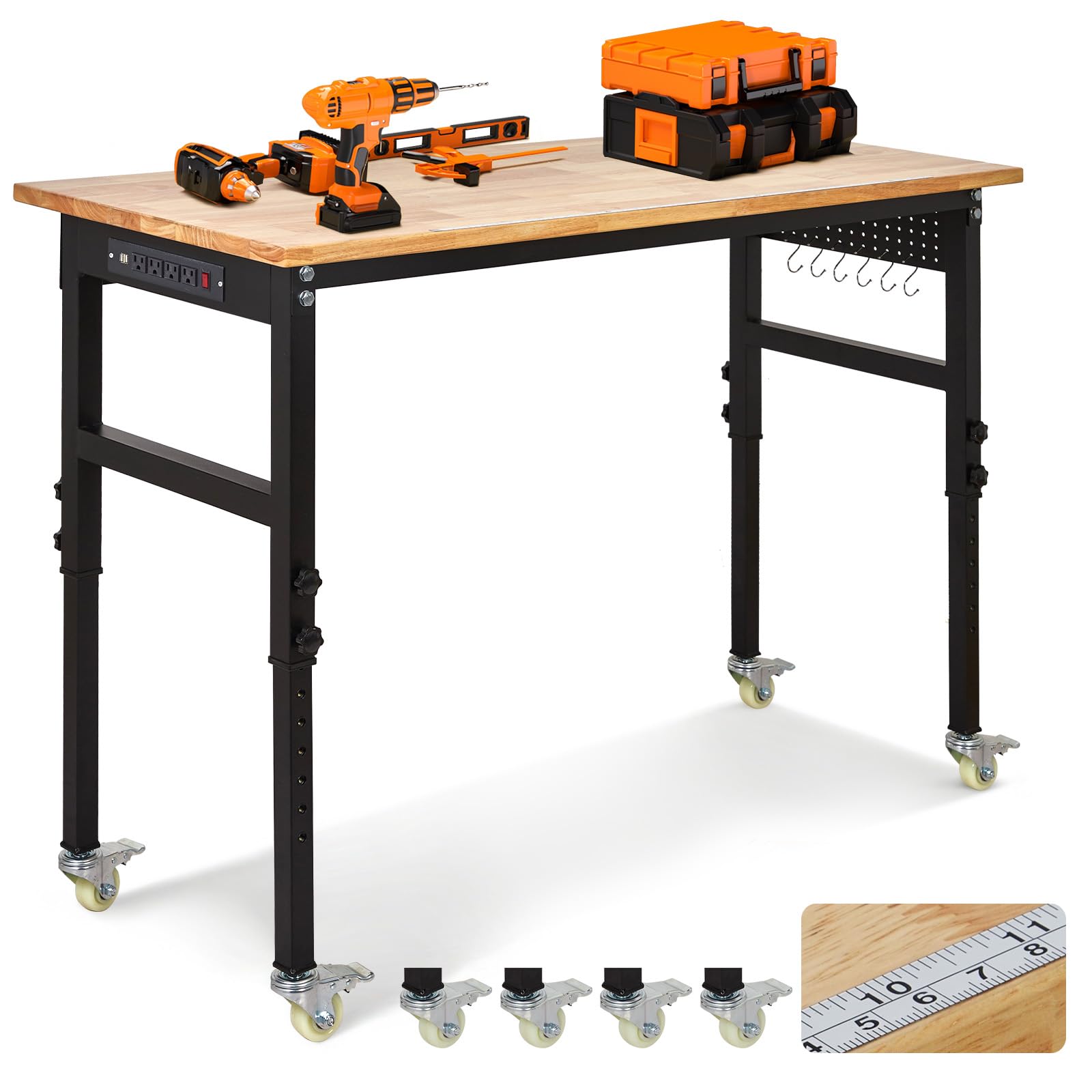 Heavy-Duty Adjustable Garage Workbench 60" L x 24" W – 2000 LBS Capacity with ETL Power Outlet, Rubberwood Top for Woodworking, Welding, Crafting &amp; Home Office (29.5"-39.4" Height Adjust)​