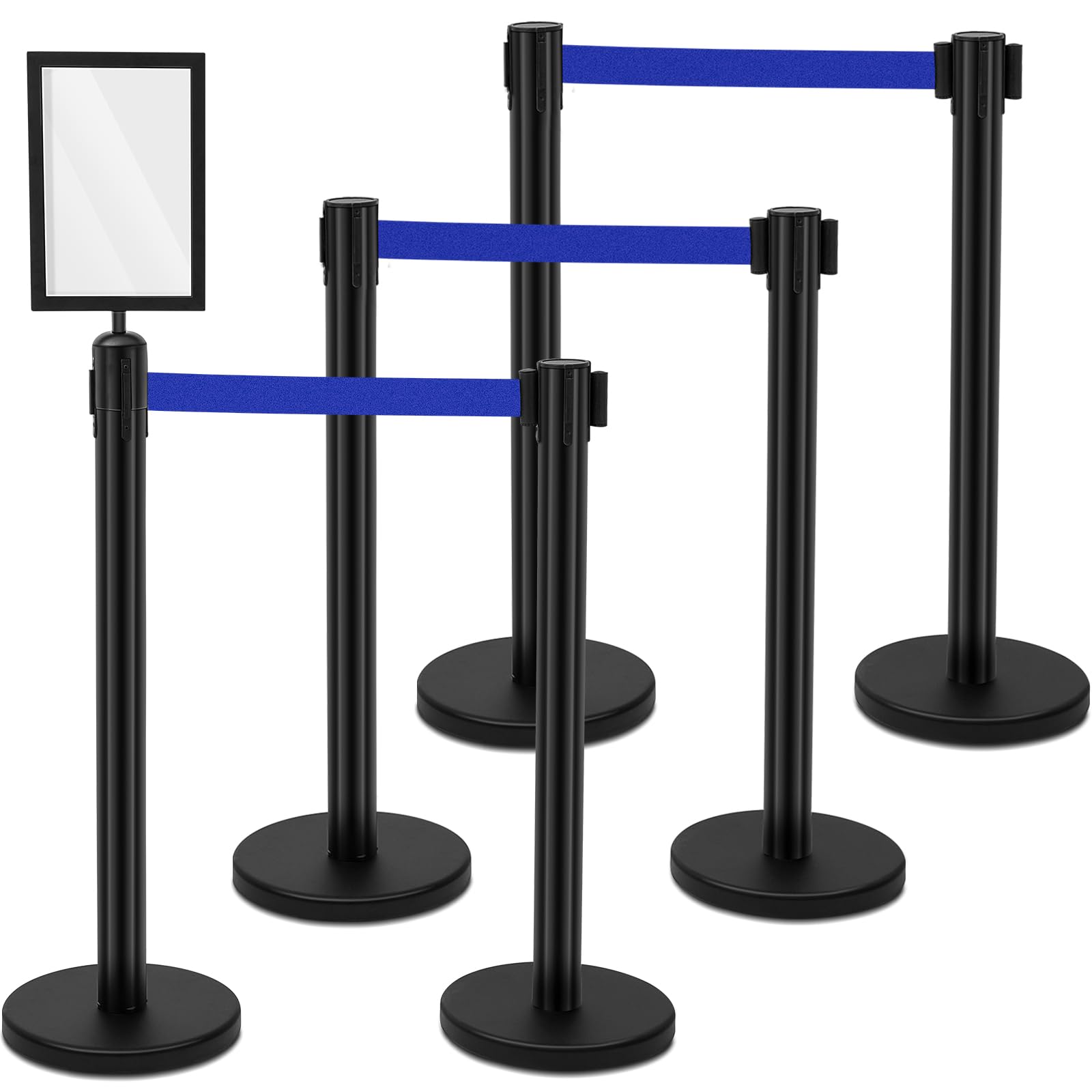 Therwen 6 Pack Heavy Duty Crowd Control Stanchions Stainless Steel Stanchion Set with 6 Safety Barrier Post with Retractable Belt and 1 Sign Holder Crowd Control Barrier (Blue,9.8 ft)