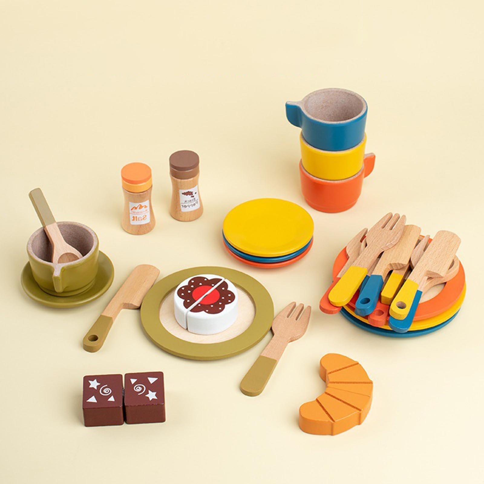 Gralara 24 Stück Holzspielzeug Teller Schalen Tassen Besteck Simulation Küchenzubehör aus Robustem Holz für Rollenspiel für Kindergeburtstag Familienfeier
