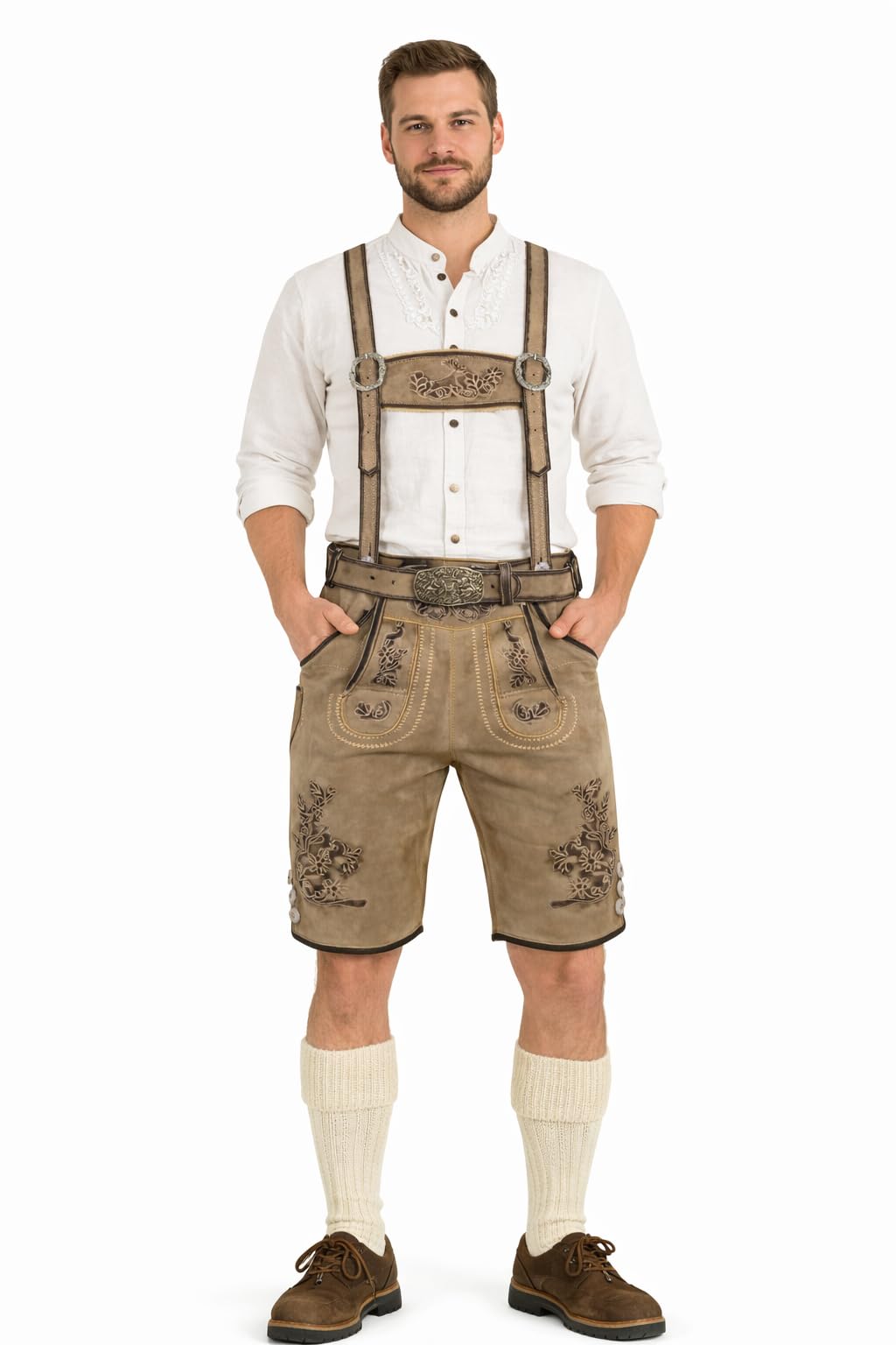 Men's Leather Trouser Traditional Trousers - Trachtenhose Herren Ziegenleder (100% Ziegenleder) - Kurze Lederhose antik mit Trager und gurtel Gr. 48-60