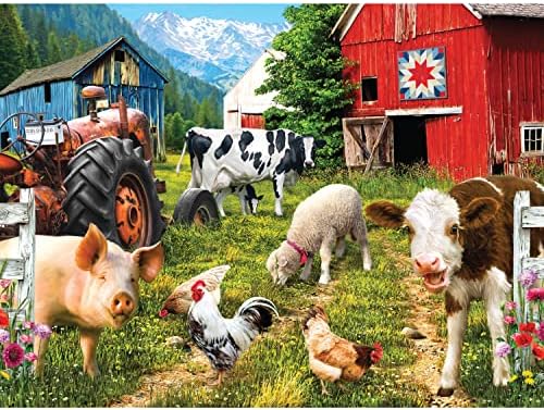 750 Piece Puzzle for Adults Sharon Steele Happy Farm Day, 27x20 inch Whimsical Farm Animal Scene Jigsaw by KI Puzzles