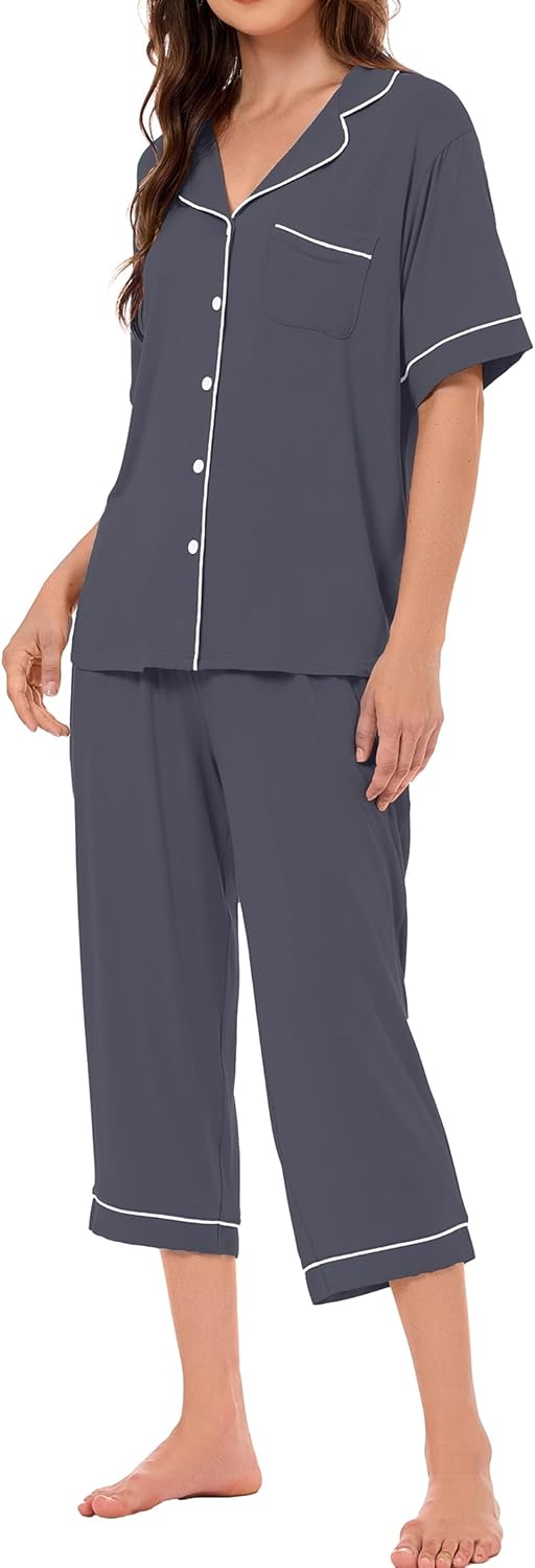 LUBOT Womens Bamboo Viscose Pajamas Super Buttery Soft 2 Piece PJ Set Button Capri Pants Long Short Sleeve Sleepwear Set