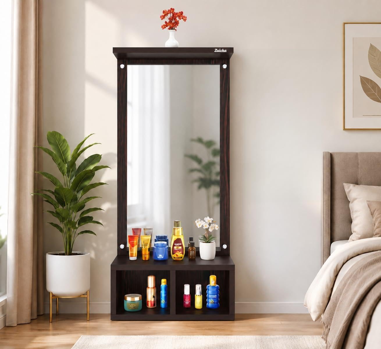 Wooden Dressing with Storage Shelf for Bedroom, Modern Vanity Mirror Organizer, Stylish Bedroom Furniture for Makeup & Daily Essentials, Large HD Wall Mirror for Home Décor Dark Finish-image-21