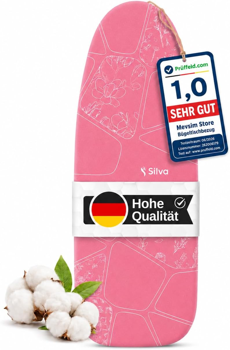 Silva Ironing Board Cover 127x46 cm – 100% Cotton with 5mm Felt Padding – Steam Iron Compatible – Easy Ironing – Turquoise (L, Pink)