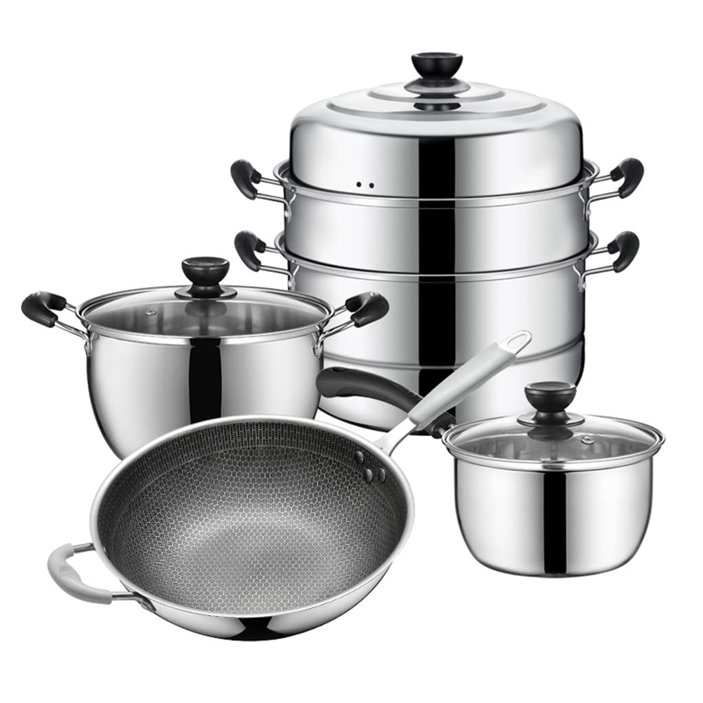 GTHTUHFD Stainless Steel Steamer Frying Pan Soup Pot Milk Pot Full Set Of Stove Household Induction Cooker Universal