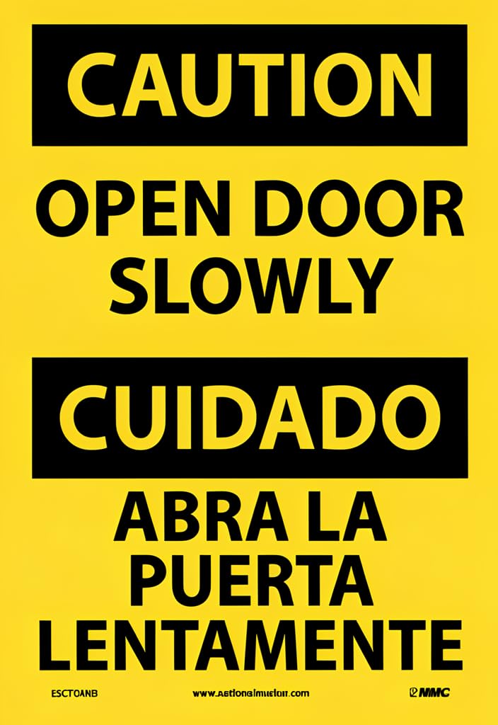 peiyeety Caution Open Door Slowly Tin Sign 12x8 Inch, Bilingual English Spanish CUIDADO Warning Metal Plaque, Yellow & Black Safety Door Sign for Garage Workshop Home Decor Gift