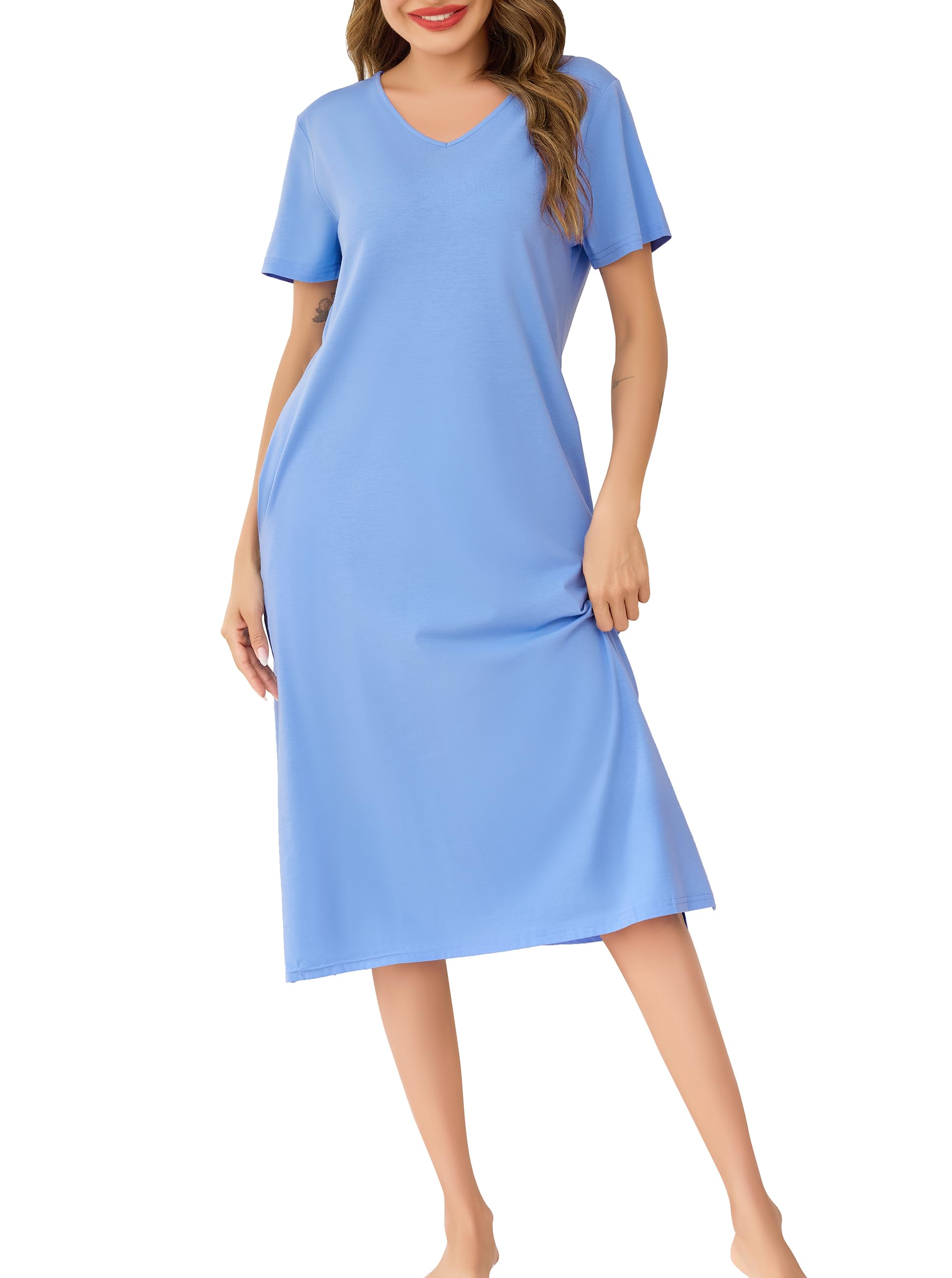 Wikoan Damen Nachthemd Kurzarm Baumwolle Nachthemden Lang Schlafshirt Sommer Sleepshirt Kurzarm Nachtwäsche Nachtkleid mit Taschen S-XXL