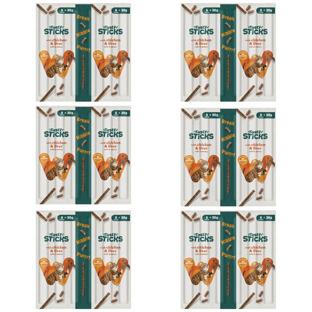 Tasty Cat Sticks Chicken and Liver - 36 Stick Bulk Value Pack (6 Packs of 6) - Soft Cat Treats Sticks for Kittens & Adults - Grain Free Multipack