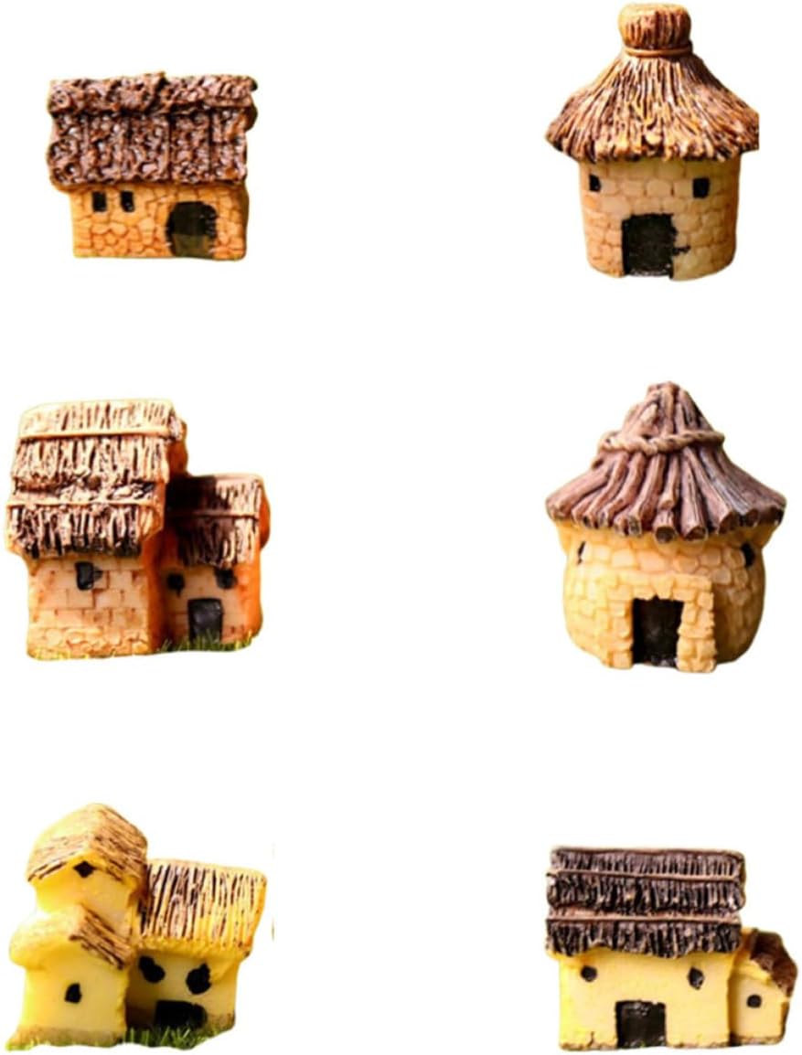 VANZACK 6pcs Pastoral Style Mini Thatched House Resin Ornament