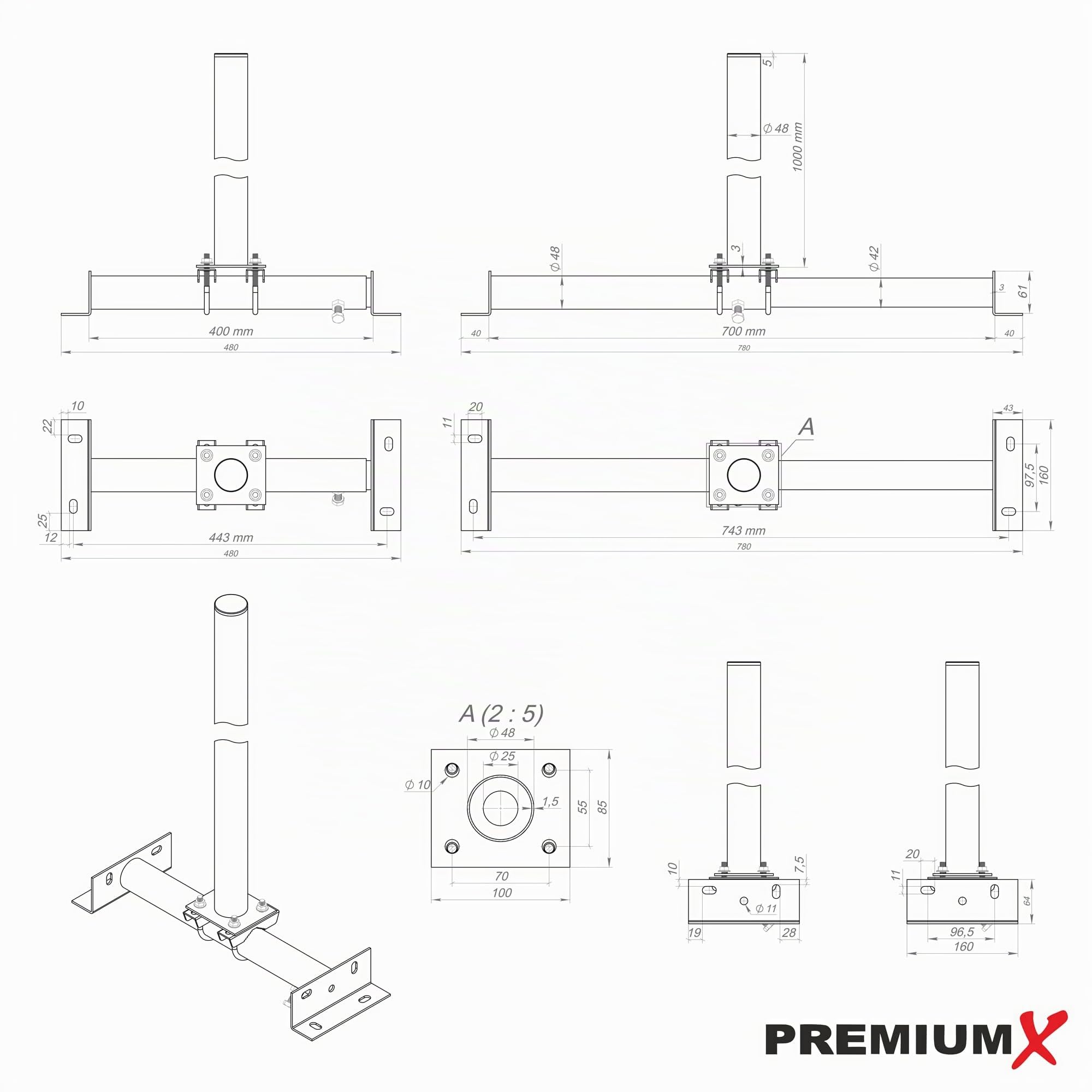 Premium X Dachsparrenhalter Set für Satellitenschüssel Sparrenhalter 1m SAT Mast Frankfurter-Pfanne Tülle schwarz