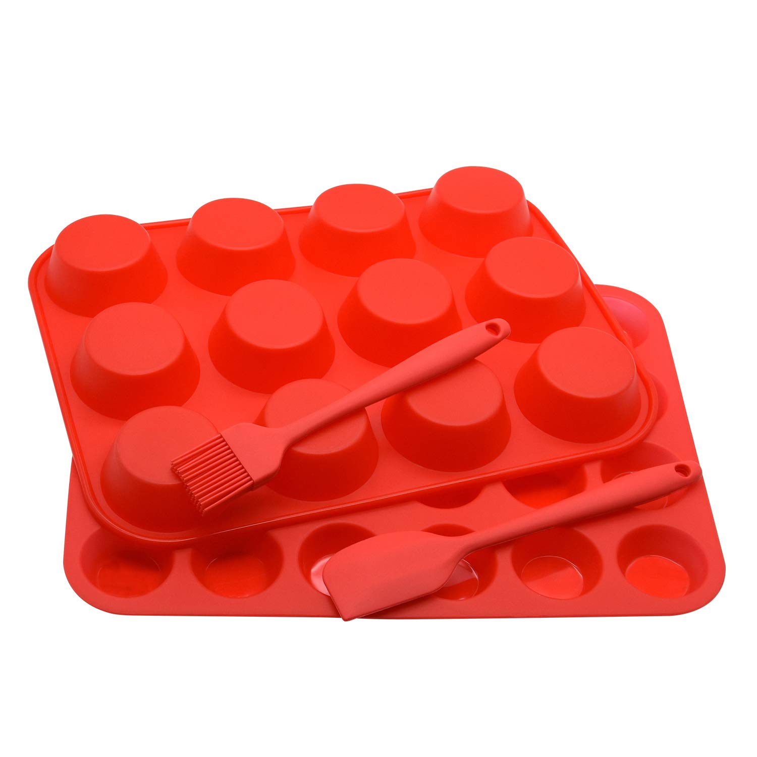 Silikon Muffinform Set,Regular 12 Tassen und Mini 24 Tassen Cupcake Backform, antihaftbeschichtet, hitzebeständig, Lebensmittelqualität Silikon Backformen mit Bonus 1 Silikonspatel & 1 Ölpinsel (rot)