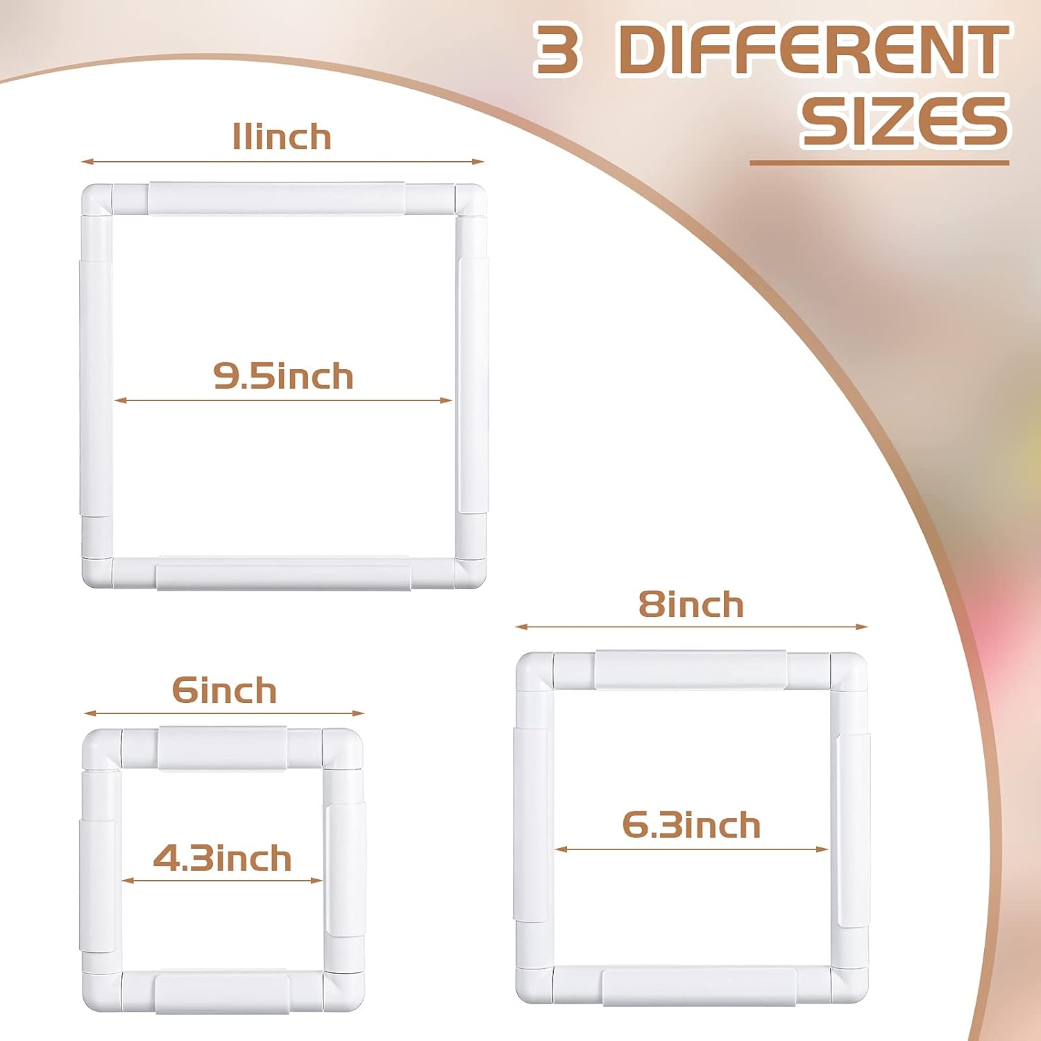 Janinka Embroidery Hoop 3 Pcs Cross Stitch Hoops and Frames White Rectangular Cross Stitch Embroidery Snap Frame DIY Sewing Tool for Quilting Silk-Painting 6 x 6, 8 x 8, 11 x 11 in(White)