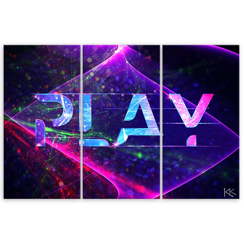Feeby 3 parti Quadro Canvas 90x60 cm PLAY Gioco Gaming Immagine da parete Foto d'Arte Decorazione Murale Corridoio Neon Laser Per il giocatore viola