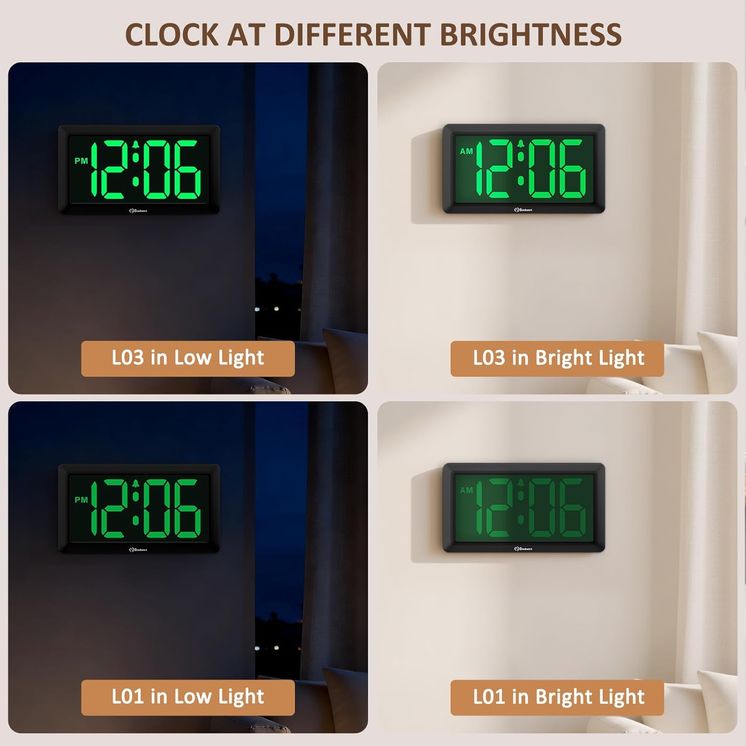 Soobest 9.5 Inch Large Digital Wall Clock Battery Operated, Auto & Manual Dimmer LED Display, Easy to Read Big Digits with Alarm for Seniors, Modern Decor for Living Room, Bedroom, Office Wall/Desk