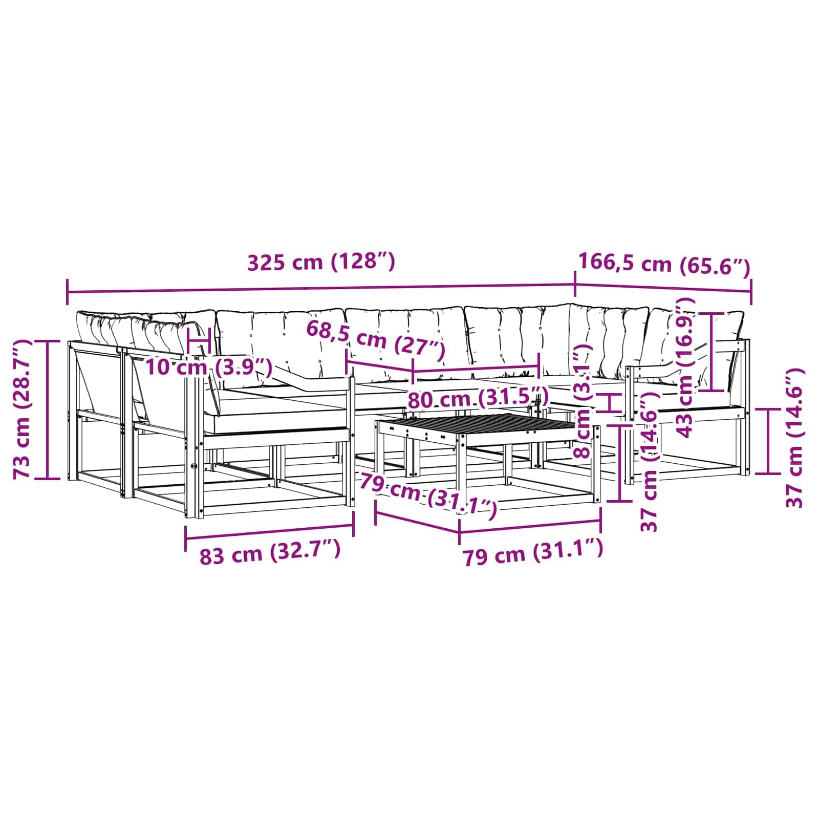 Gartenmöbelgarnitur 7-teilig aus massivem Akazienholz wetterfest und modular für Terrasse Balkon und Garten mit Tisch, Sofas, Sesseln, Kissen und stilvollem Design
