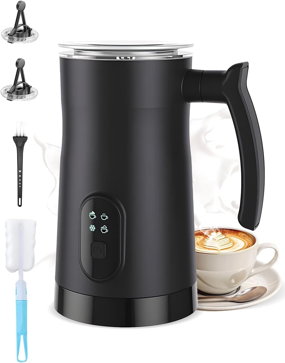Electric Milk Frother 4-in-1 & 350ML Automatic Milk Frothers with Magnetic Whisk, Various Modes, Thick/Fine/Cool, Quiet Operation, for Coffee, Latte, Cappuccino,Black