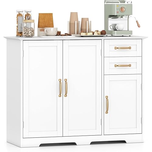 Giantex Sideboard Buffet Cabinet, Modern White Sideboard Cabinet with 2 Drawers, 3 Doors & Adjustable Shelf, Wooden Coffee Station, 40’’ Storage Buffet Table for Kitchen, Living Room, Entryway