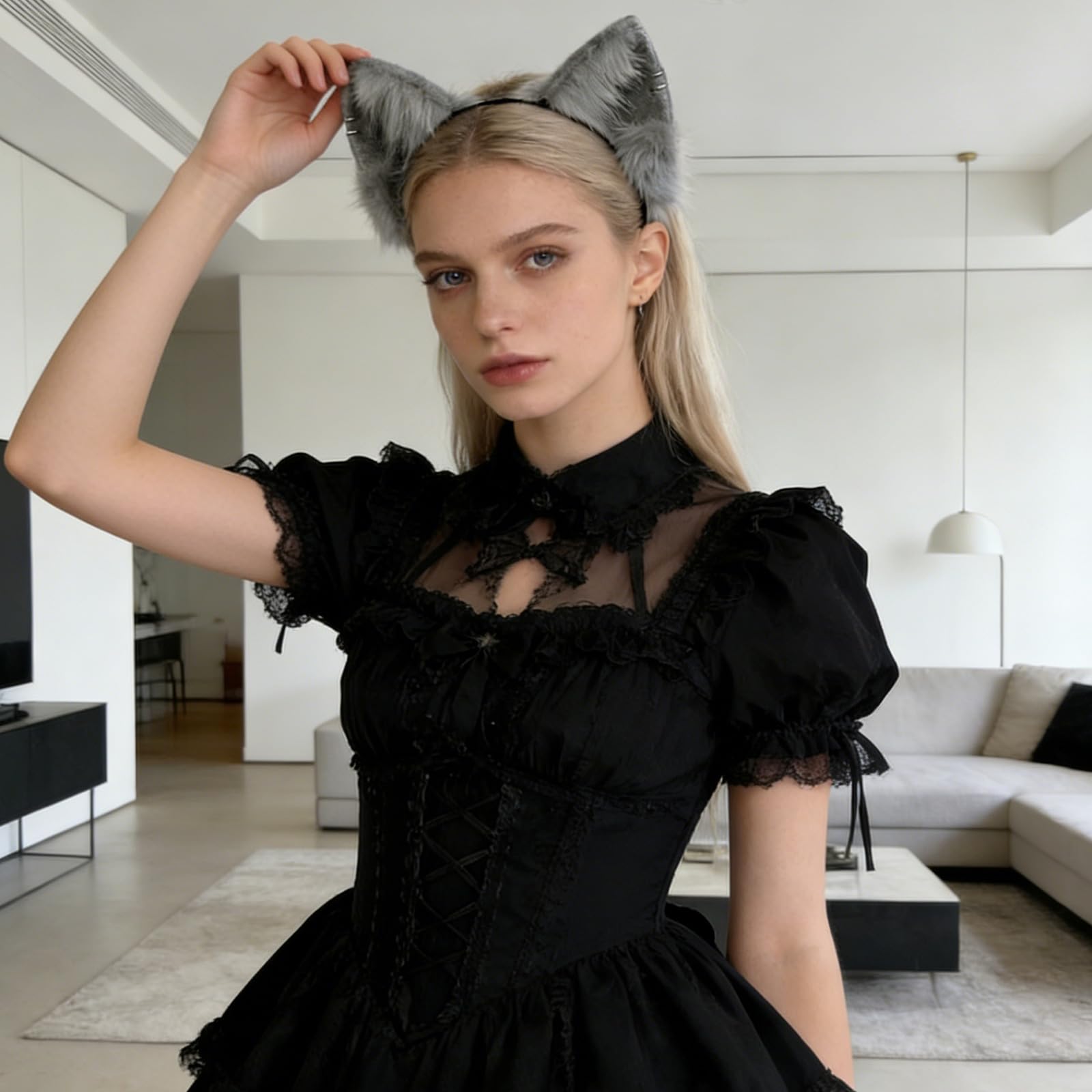 Conjunto de diadema con orejas de peludo y guantes de patas realistas, accesorio para cabello para disfraz de Cosplay, fiesta de Halloween, conjunto de disfraz de peludo