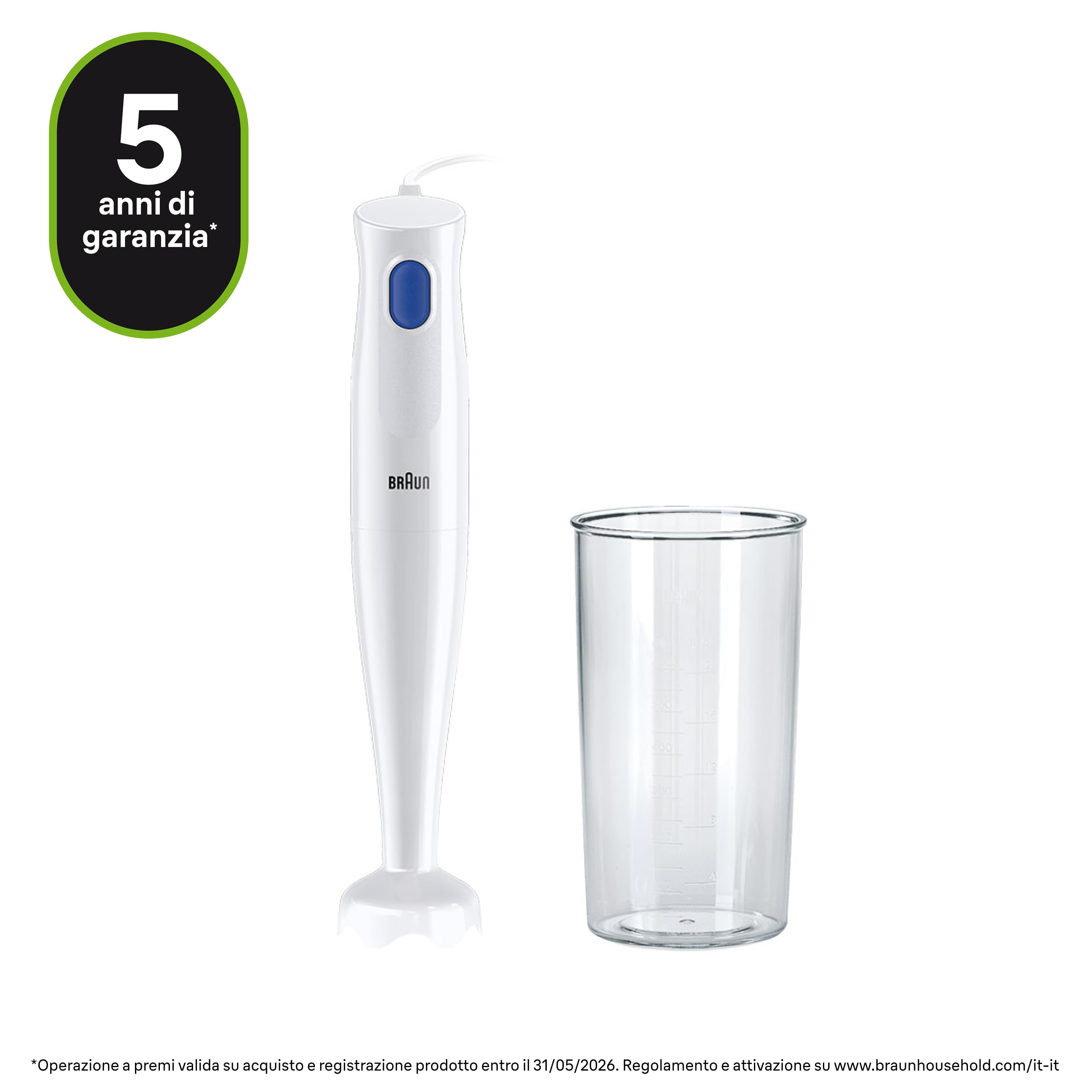 Il frullatore ad immersione Braun Multiquick 1 MQ10.001PWH in azione durante la preparazione di una vellutata.