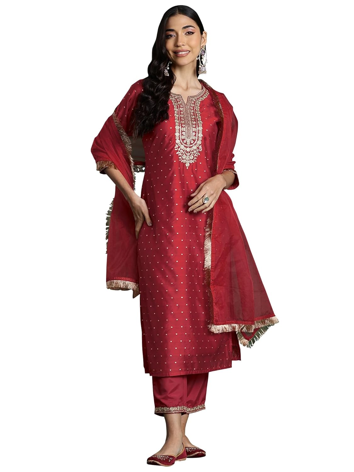 INDO ERA Women’s Red Chanderi Silk Embroidered Straight Kurta and Pant with Dupatta Set (KH9RD9497) INDO ERA Women’s Red Chanderi Silk Embroidered Straight Kurta and Pant with Dupatta Set (KH9RD9497)