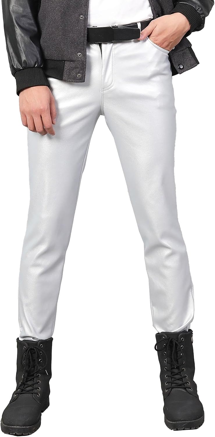 Metallic Shiny Leather Pants for Men Slim Fit Stretch Skinny Straight Leg Tapered Pants Night Club Biker Pants