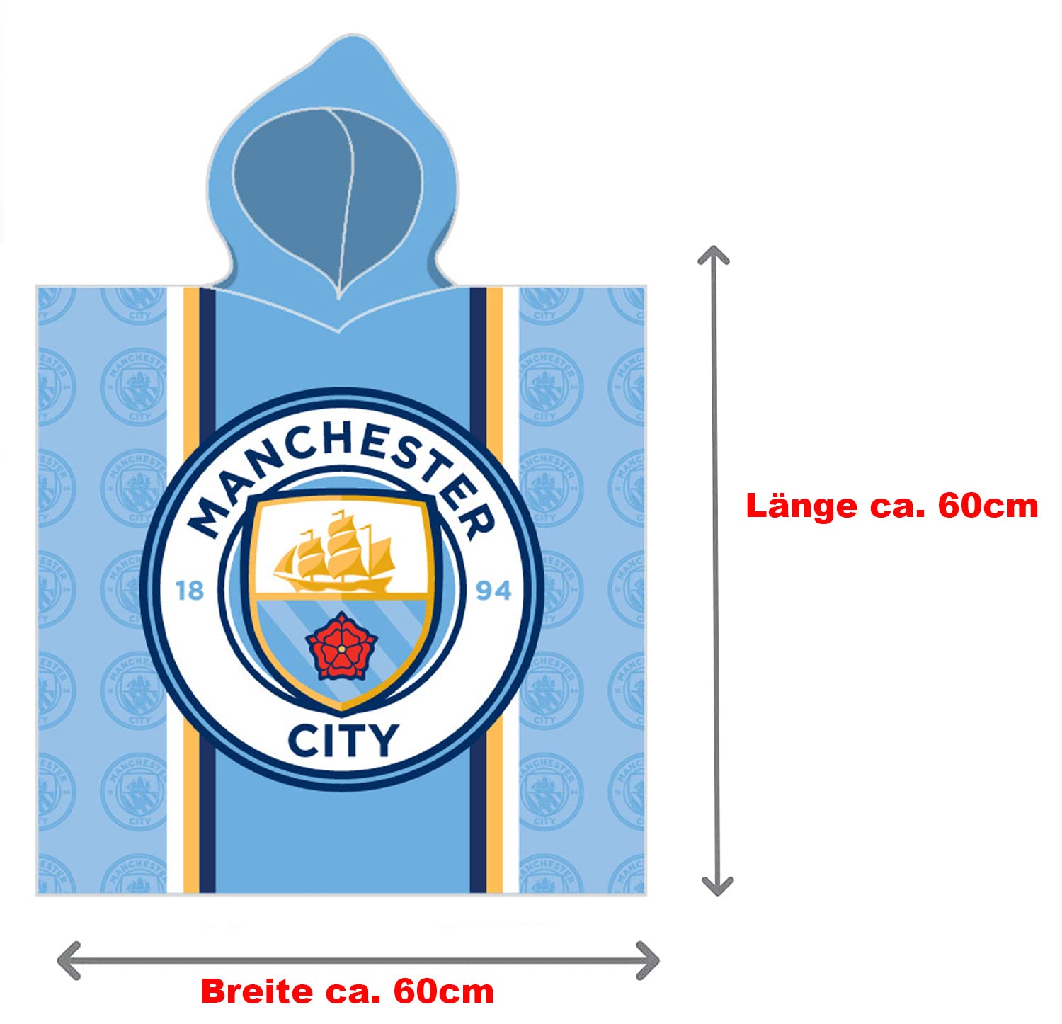 Manchester City Poncho de bain à capuche pour enfant avec logo - Bleu - 60 x 120 cm - 100 % coton - Qualité velours - Peignoir de bain - Paréo - Serviette de bain - Serviette de bain - Serviette de