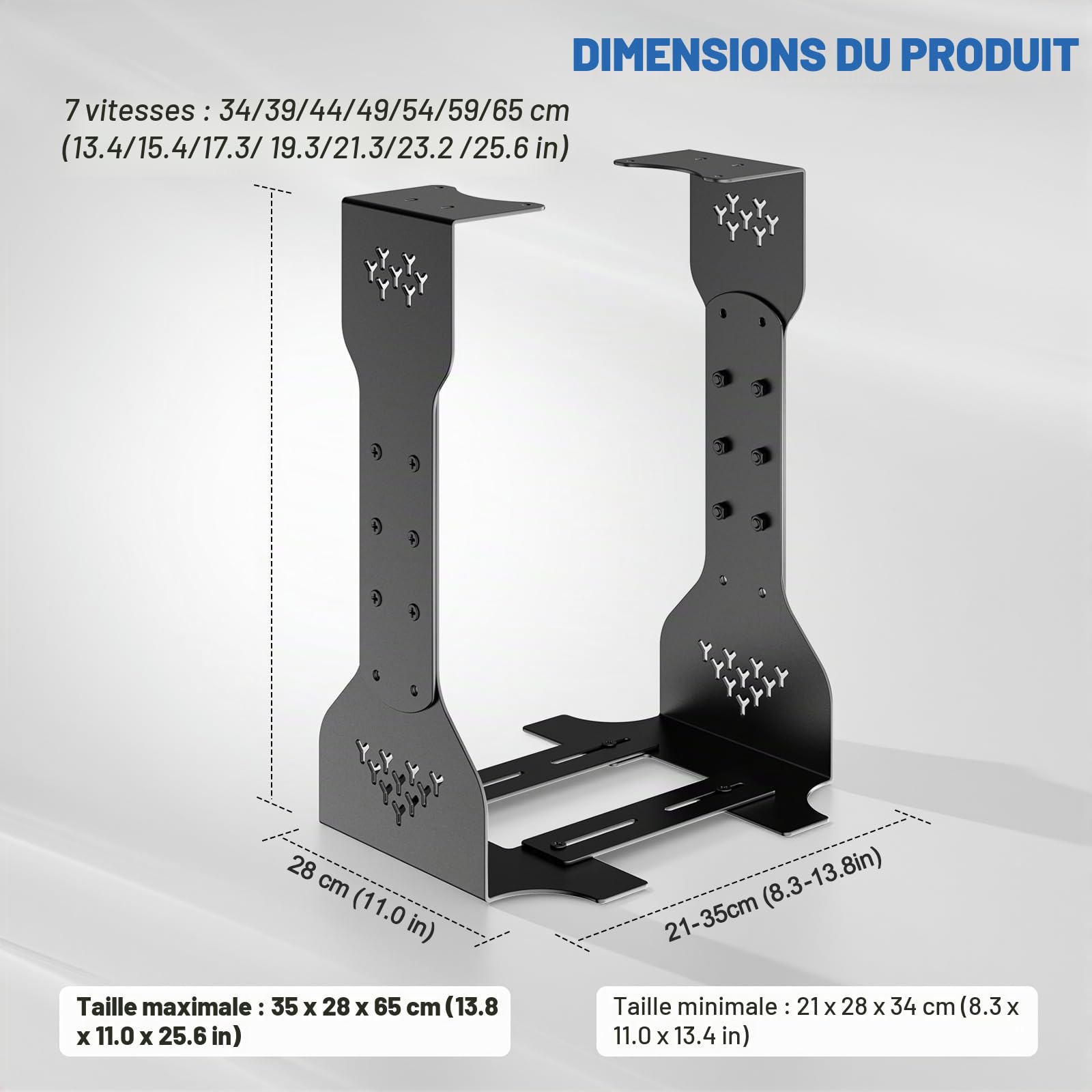 Support pour ordinateur sous bureau avec capacité de charge de 35 kg, hauteur réglable (34 à 65 cm), support universel pour tour d'ordinateur pour bureau, maison et lieux de travail - Noir