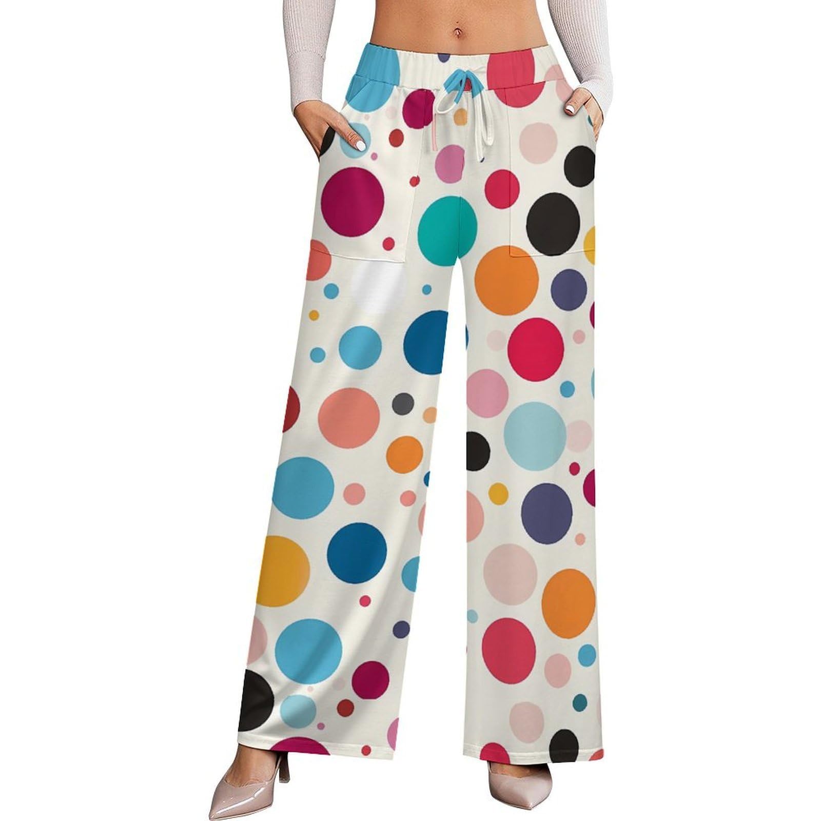 MACIUM Colorful Polka Dot Women Wide Leg Pants with Pockets High Waist Stretch Dress Casual Soft Sweatpants