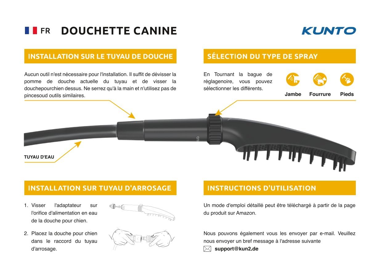 KUNTO® Pomme de douche pour chien avec 4 types de jets - Tête de douche en silicone et adaptateur pour tuyau d’arrosage