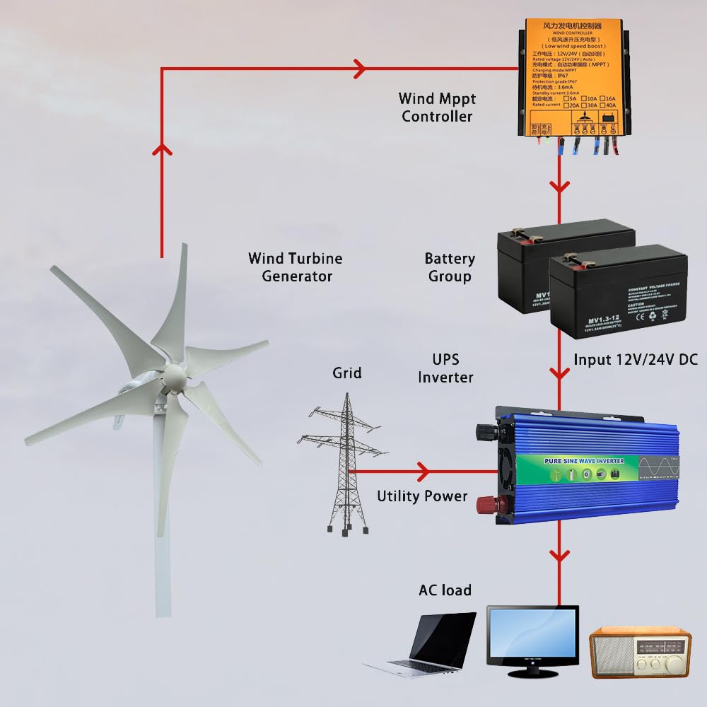 Aerogenerador 800W 12V/24V/48V - Generador Eólico 5 Palas con Controlador MPPT, Funcionamiento Silencioso para Hogar y Granja (24, Voltios)