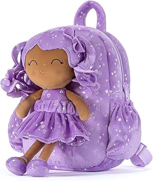 Gloveleya Toddler Backpack Baby Girl Gift 11 Inches Plush Bag with Curly-Haired Doll Design and Silver Heart Accents in Deep Purple
