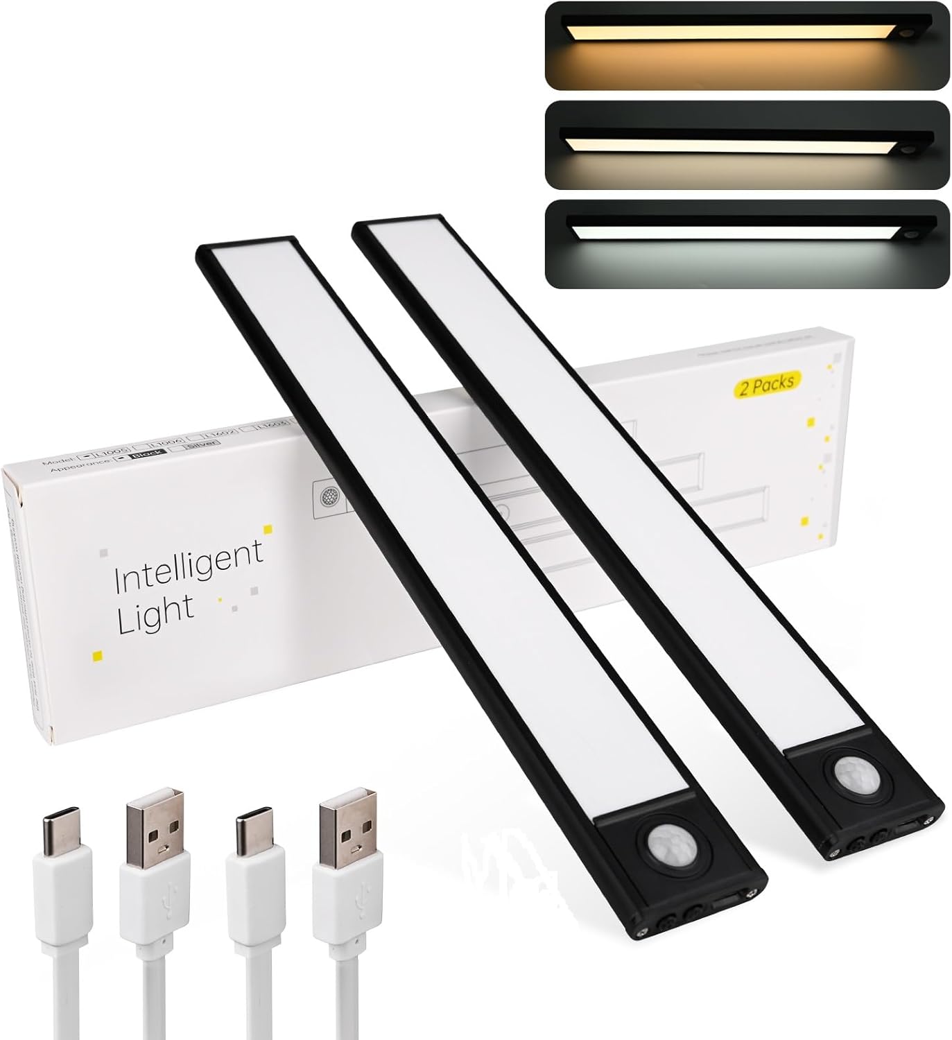 Under Cabinet Lighting, Motion Sensor 54 LED Under Cabinet Lights, 2Pack Rechargeable, 12inch 3 Colors Dimmable Closet Lights Under Counter Lights for for Kitchen, Shelf, Stair, Hallway(Black)