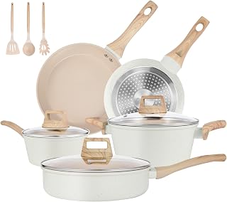 Pots and Pans Set Non Stick, 11 Pcs Ceramic Cookware Set, Nonstick Induction Cookware, Non-toxic Kitchen Cooking Set with Frying Pan Set, Cream