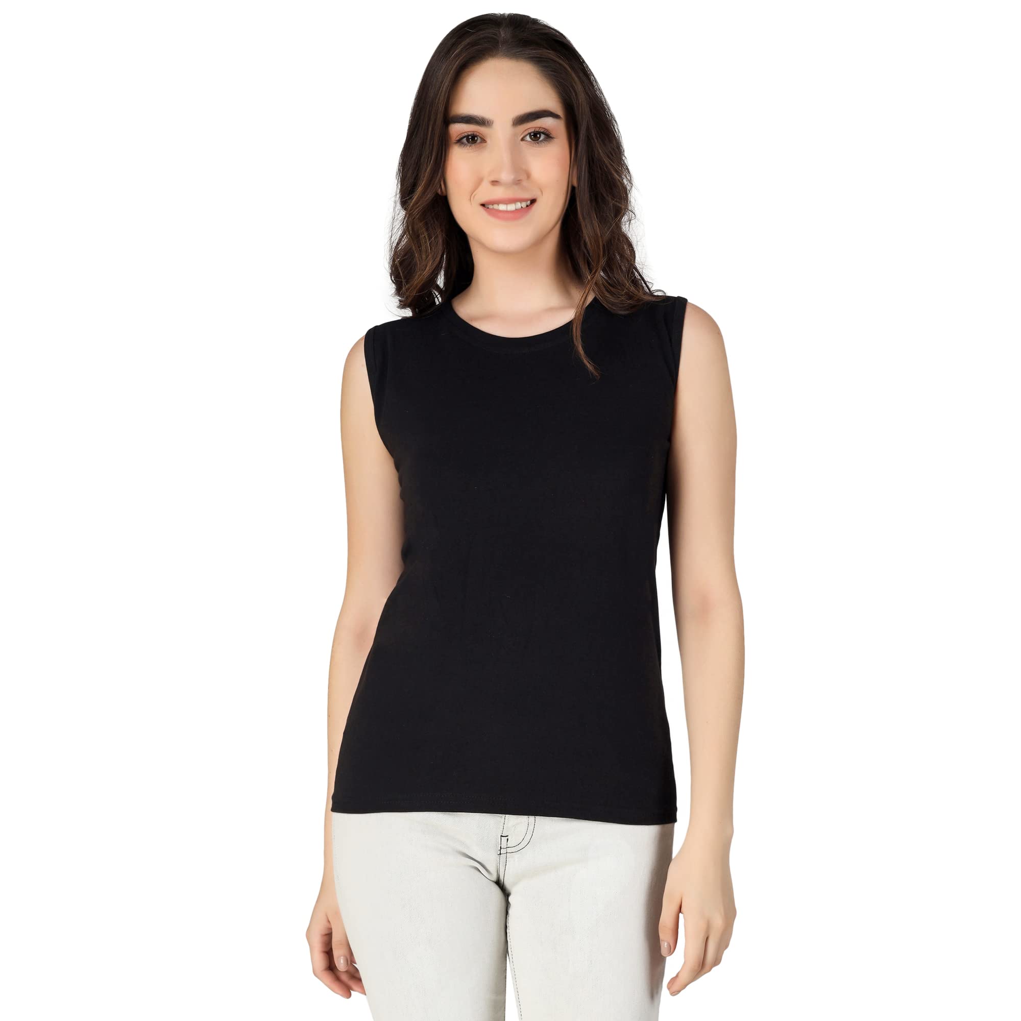 itki utki Sleeveless Round Neck Regular Length Tank Top for Women - Solid Plain T Shirt, Relaxed Fit, Soft and Breathable Summer Wear 100% Cotton (Model H)-picture-39