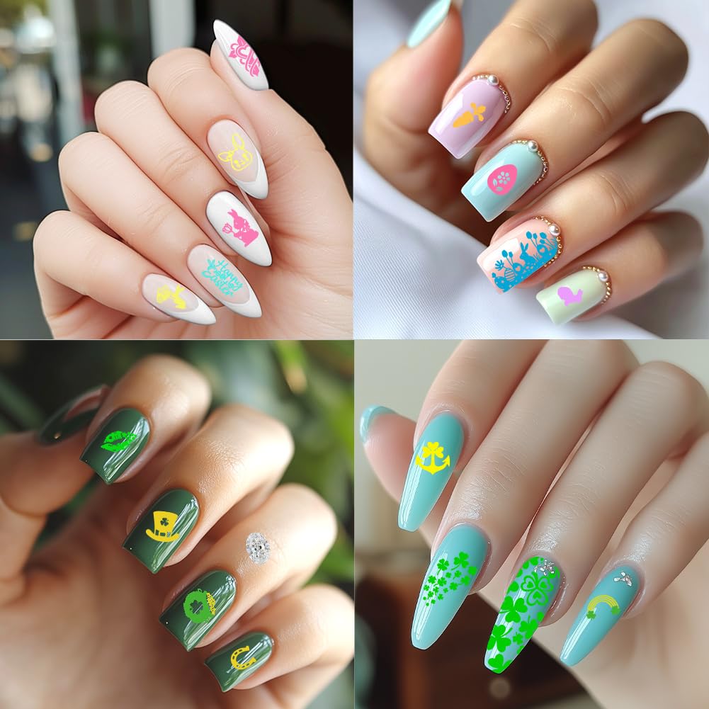 3 piastre per timbratura per unghie stagionali per nail art, per Pasqua, San Patrizio, Natale, Halloween, con raschietto per stampino, per manicure