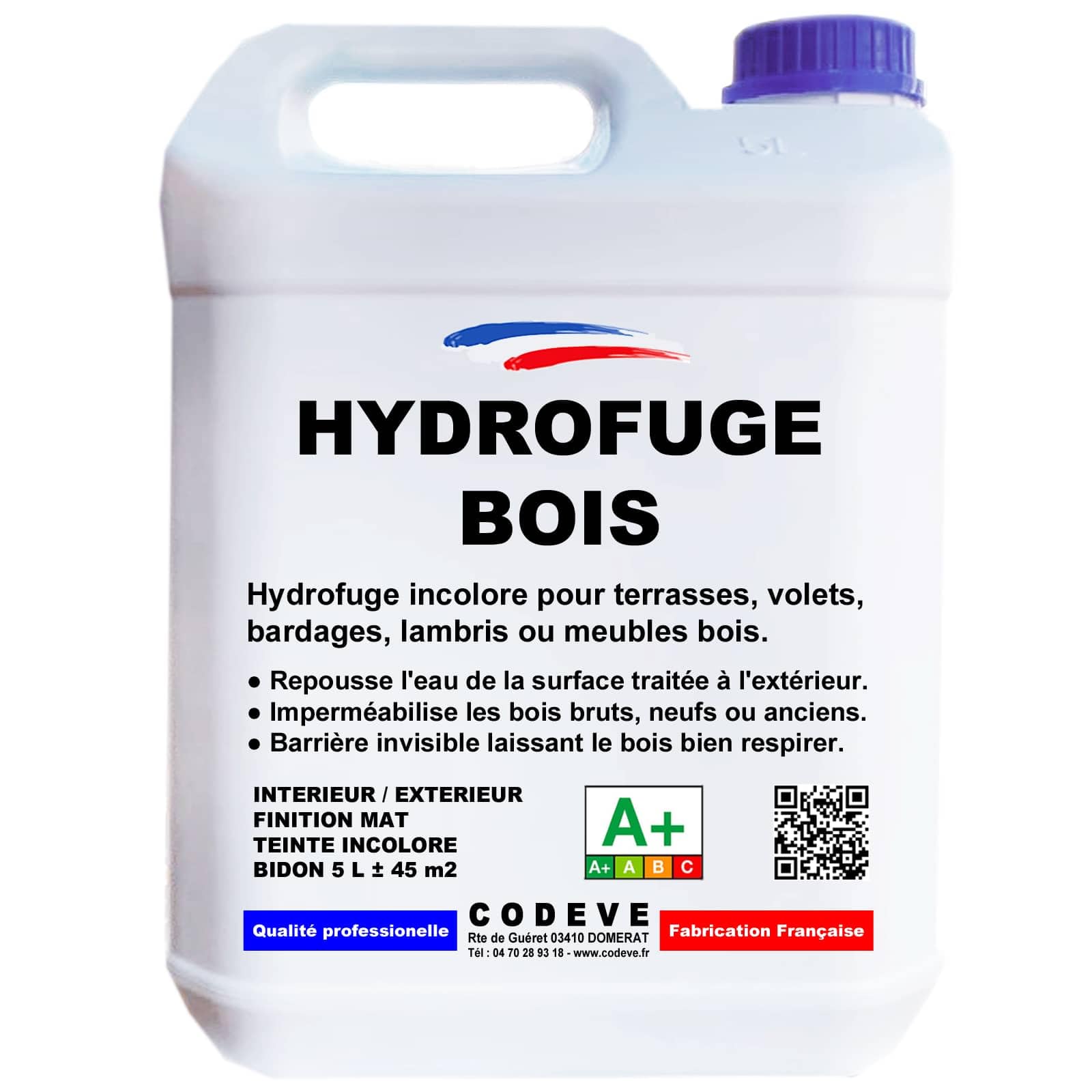 Hydrofuge Bois - Codeve Bois - 5L - Intérieur/​extérieur - Pour Votre Terrasse, Bardage, Volet, Lambris Ou Meuble En Bois.