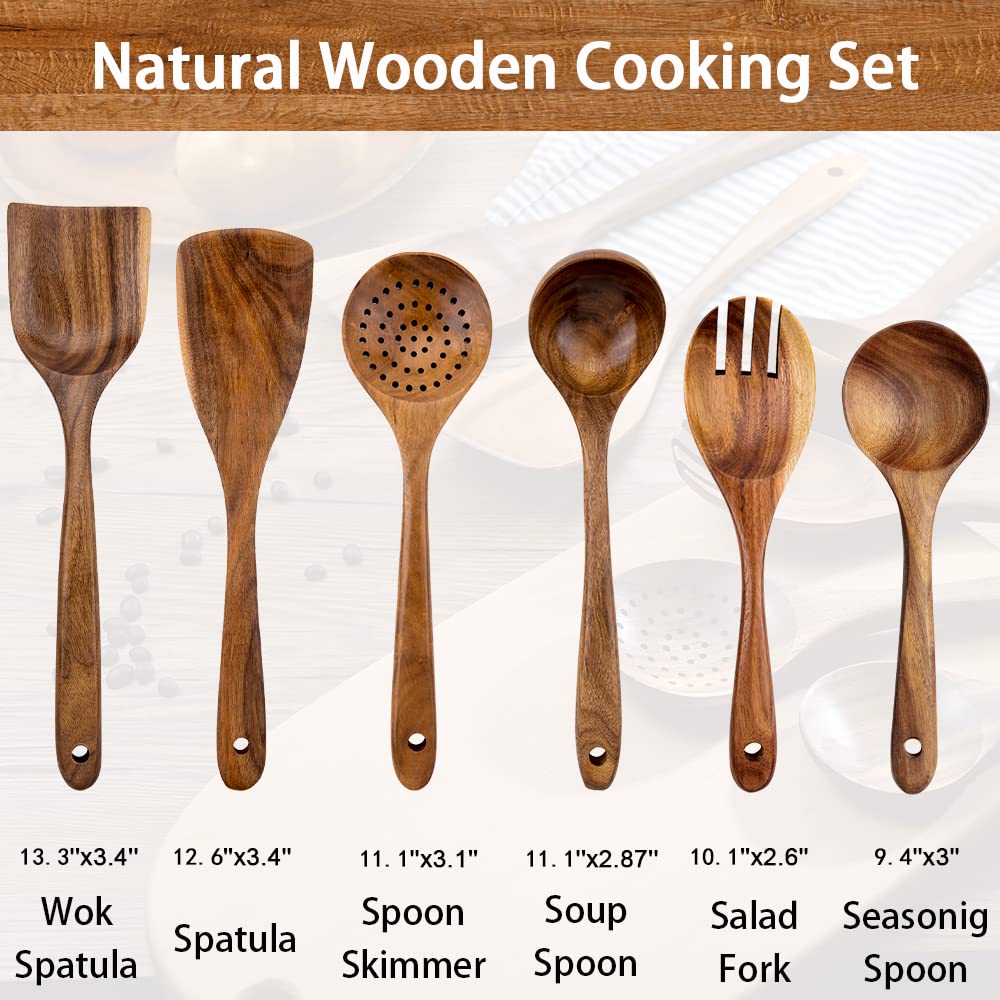 Holz Kochgeschirr Küchengeschirr mit Halter Handtuch natürlichem Teakholz Löffel und Spatel Küchenutensilien Set Pfannenheber Kochutensilien (6 Stück)