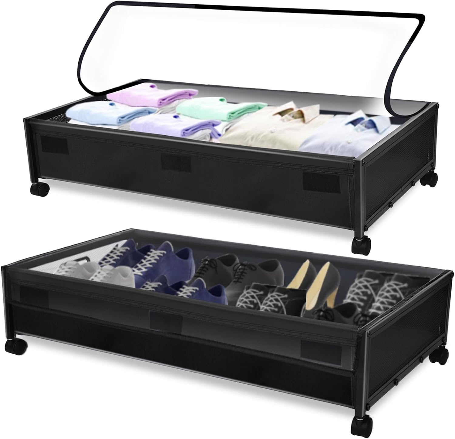 Black Fabric Under Bed Storage Containers with Clear PVC Lids