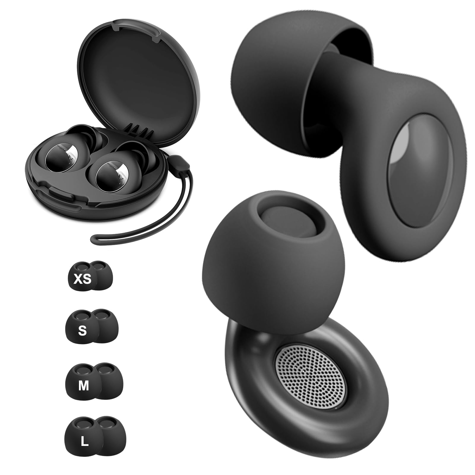 Ear Plugs for Sleep, 30dB Noise Cancelling with Storage Case, Ultra Soft Reusable Silicone Earplugs for Concerts, Travelling, Sleeping, XS/S/M/L (Black)