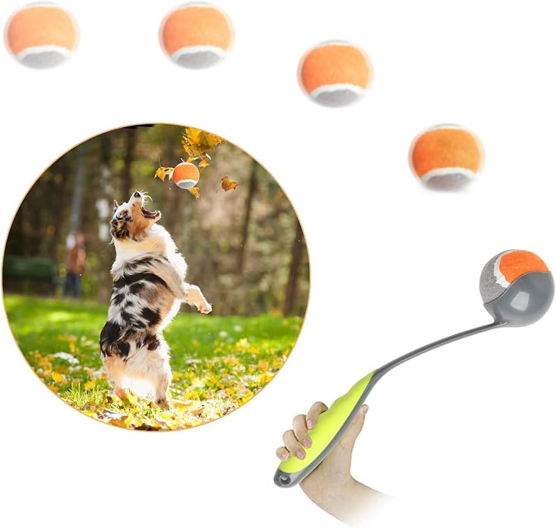 PAWISE Dog Ball Launcher for Small & Medium Dogs, 12.2" Dogs Fetch Toy with Tennis Bal, Portable Hands-Free Pick-Up Thrower for Indoor & Outdoor Play