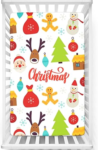 Sábana bajera ajustable de Navidad para cuna, patrón de dibujos animados con estampado de fondo navideño, sábana bajera portátil para cuna pequeña,