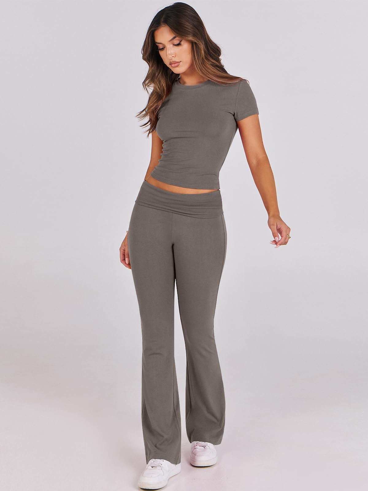 ANRABESS Lounge Sets for Women 2 Piece Foldover Yoga Flare Leggings Pants Crop Tops Casual Y2K Outfits Matching Tracksuit Set: Medium Deep Gray